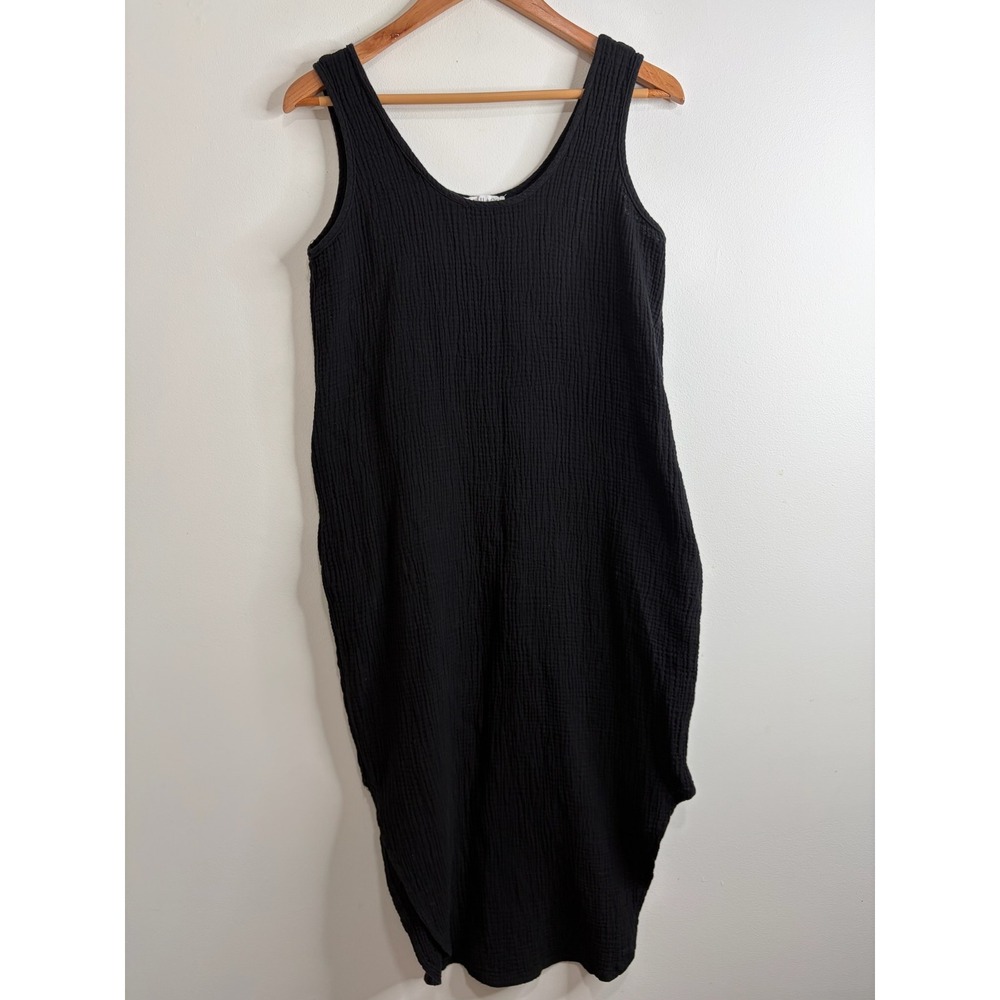 AEMI+CO Black Crinkle Gauze Sleeveless Midi Dress‎ Sz S Boho Minimalist Luxury
